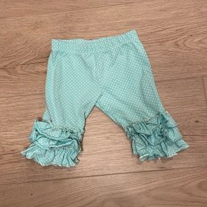 Mustard Pie ruffle bottom pants in blue and white polka dots